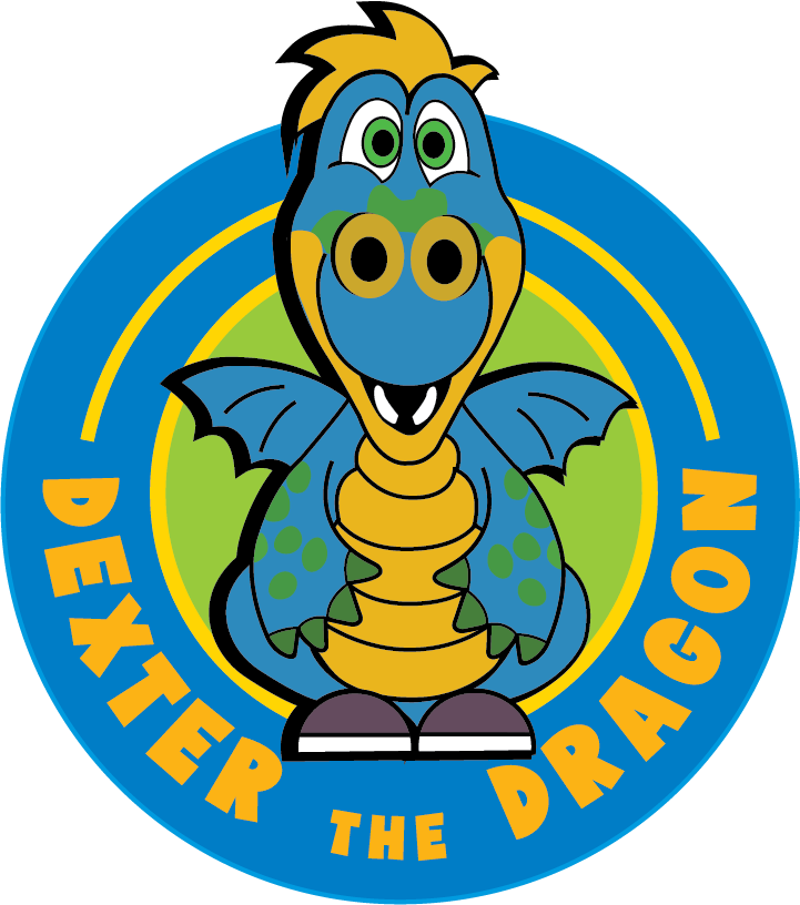 Cartoon dragon character with blue and yellow colors on a blue circular background